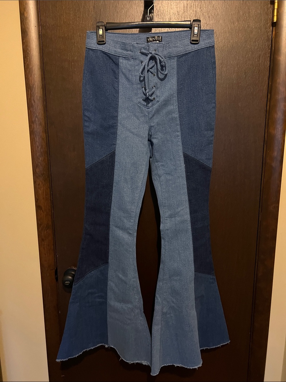 VENUS Two-Tone Blue Patchwork Lace-Up Flare Jeans